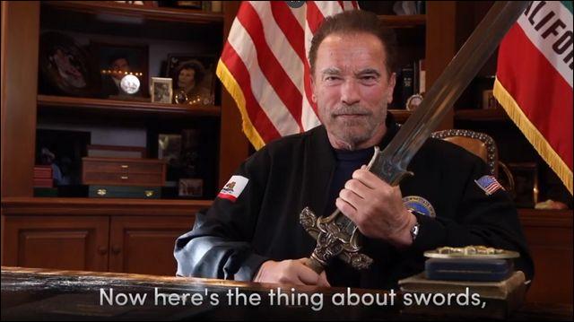 In a video posted Sunday by Arnold Schwarzenegger, the former California governor likened American democracy to the sword he brandished in his early role as ?Conan the Barbarian,? which he said only grows stronger when it is tempered.