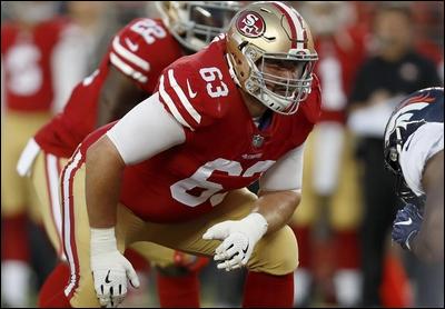 Seneca Valley High School and Slippery Rock University graduate Brandon Fusco(63), shown here playing fo the San Francisco 49ers in 2017, had a tryout with the New York Jets on Tuesday.