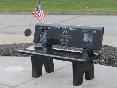 This newly-installed bench in Evans City honors A.J. Smith, a veteran and former firefighter who died by suicide in 2016.